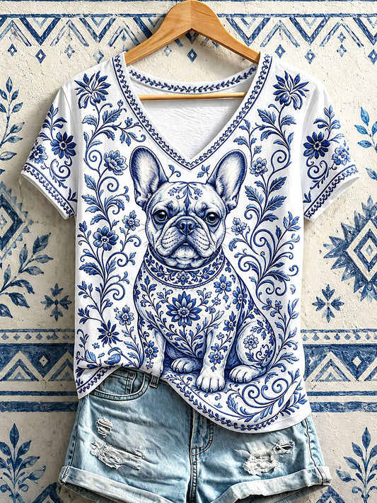T-shirts à col en V à fleurs French Bulldog Femme