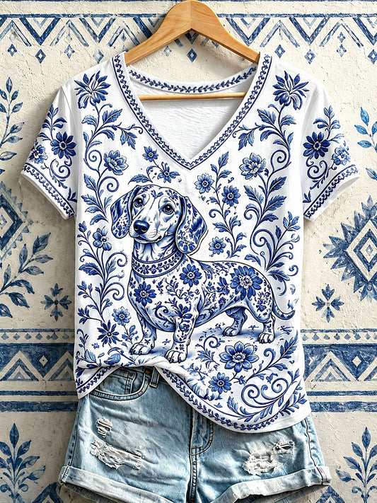 Femme Saucisse Chien Floral V-Neck T-Shirts