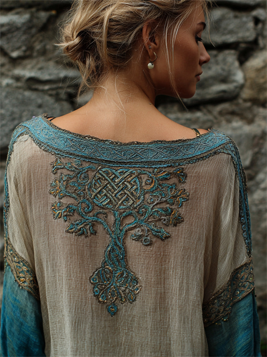 Vintage Viking noeud celtique arbre de vie contraste imprimé coton-lin chemise des femmes
