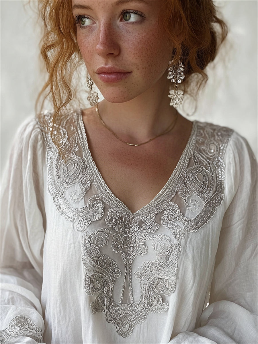 Chemise en coton et en lin à imprimé vintage Viking pour femme