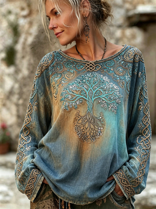 Chemise en coton-lin à imprimé viking celtique vintage pour femme