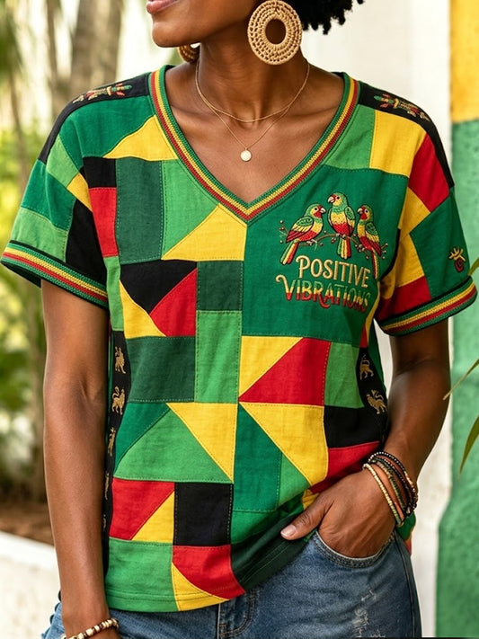 Retro Reggae géométrique Patchwork Casual V-Neck T-Shirt des femmes