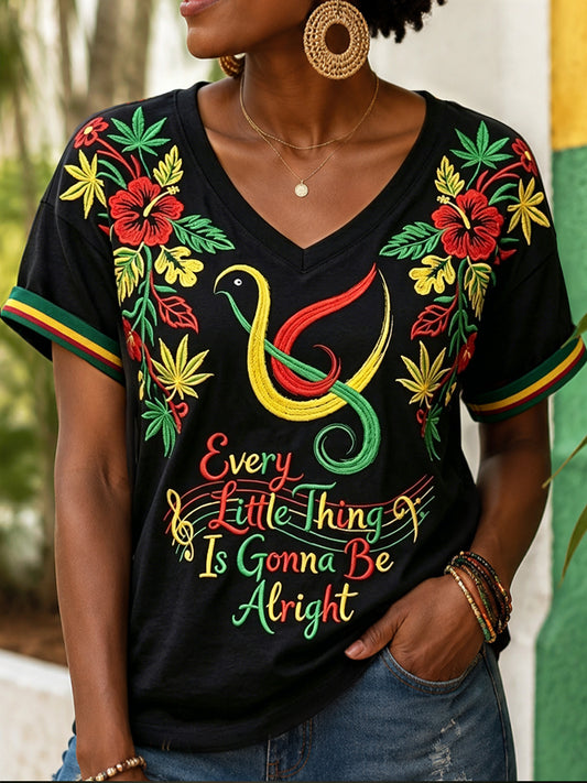 T-shirt décontracté à col en V «Every Little Thing Is Gonna Be Alright» pour femme