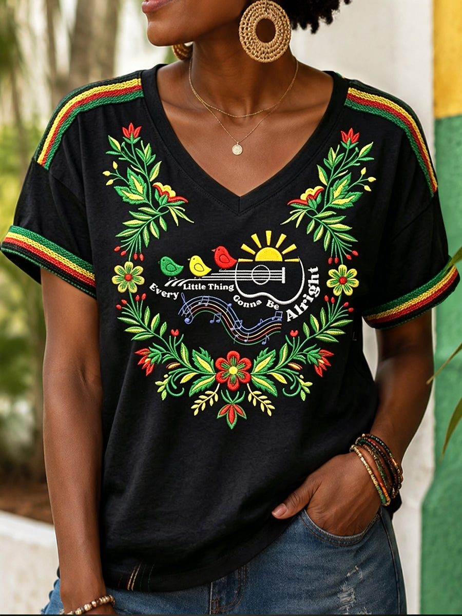 T-shirt à col en V décontracté pour femme Every Little Thing Is Gonna Be Alright