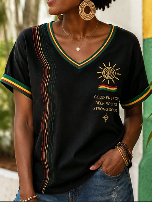 T-shirt décontracté rétro GOOD ENERGY à col en V pour femme