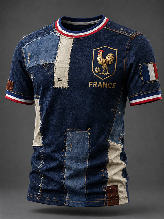 T-shirt décontracté avec impression d’art fan de football français rétro