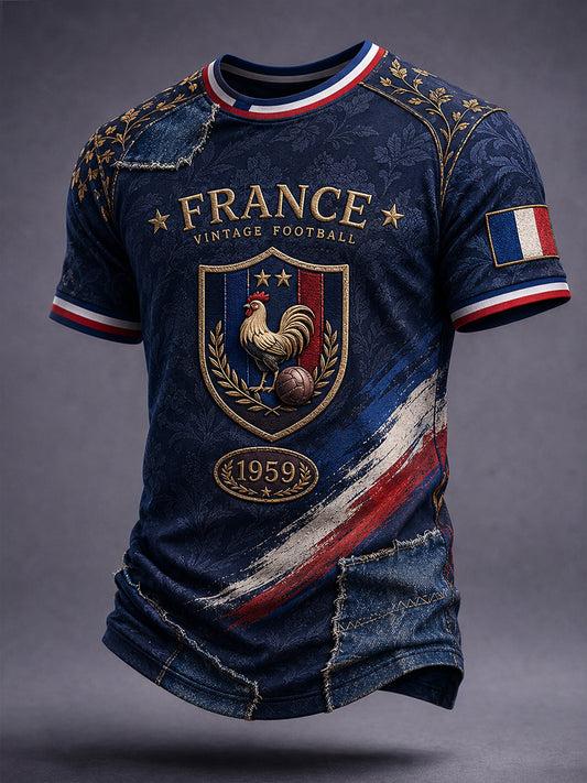 T-shirt décontracté avec impression d’art fan de football français rétro