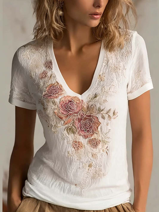 T-shirt décontracté à manches courtes, imprimé d’un motif floral brodé pour femme