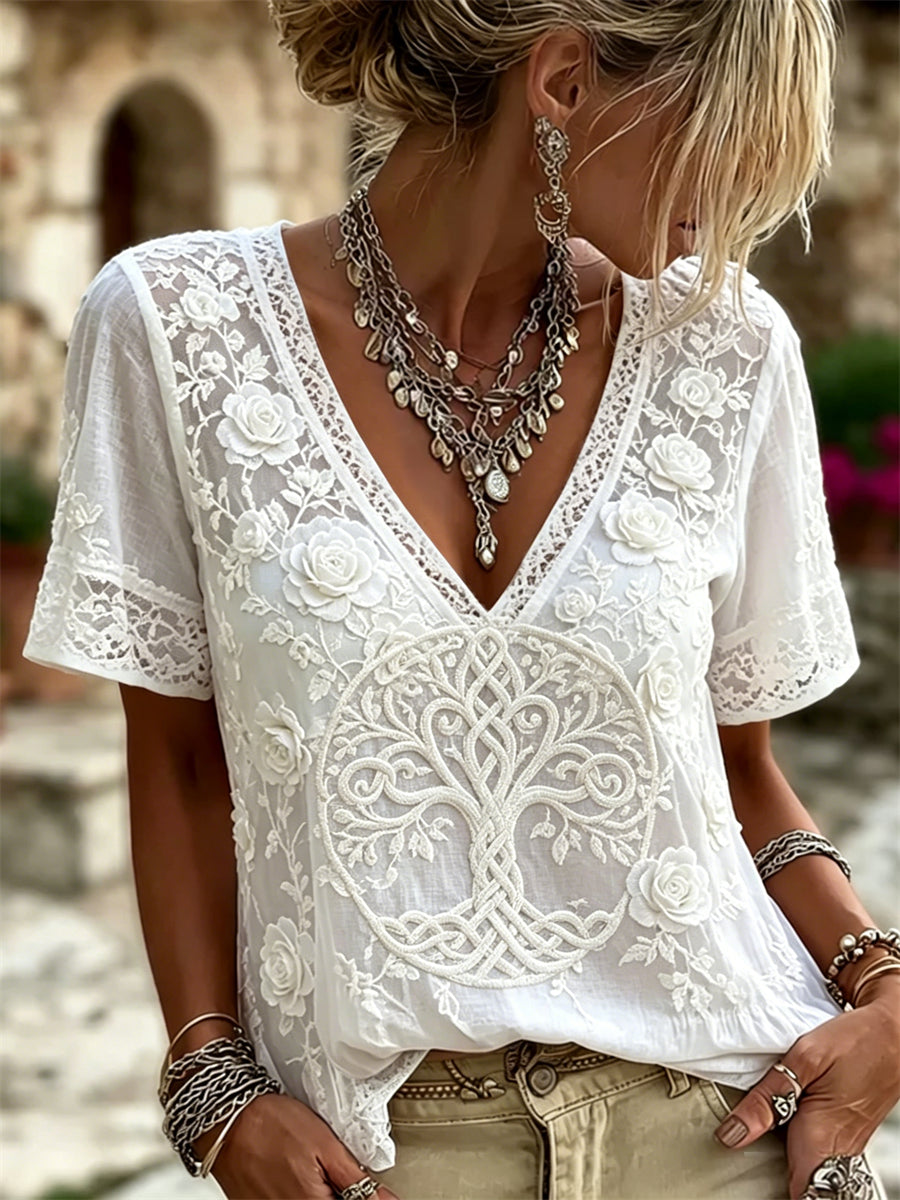 T-shirt à manches courtes femme Viking Tree of Life Classy Roses imprimé floral en lin