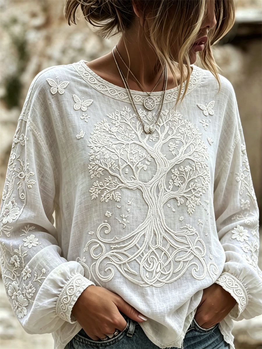 Chemise Femme Viking Tree of Life Papillons Imprimé Floral Coton-Lin