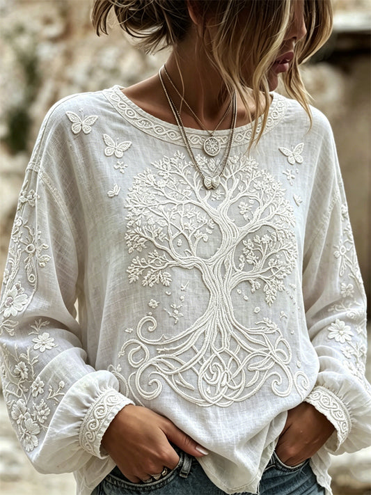 Chemise Femme Viking Tree of Life Papillons Imprimé Floral Coton-Lin