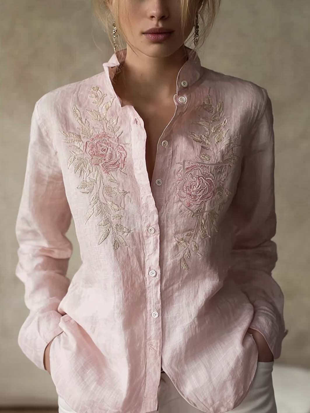 Chemise femme en coton-lin à motif floral imprimé casual