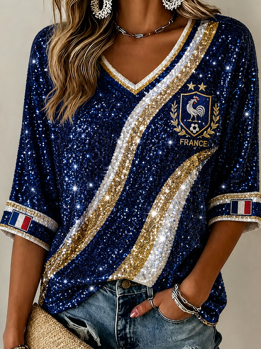 Chemise en lin à col V pour femme, motif France Football