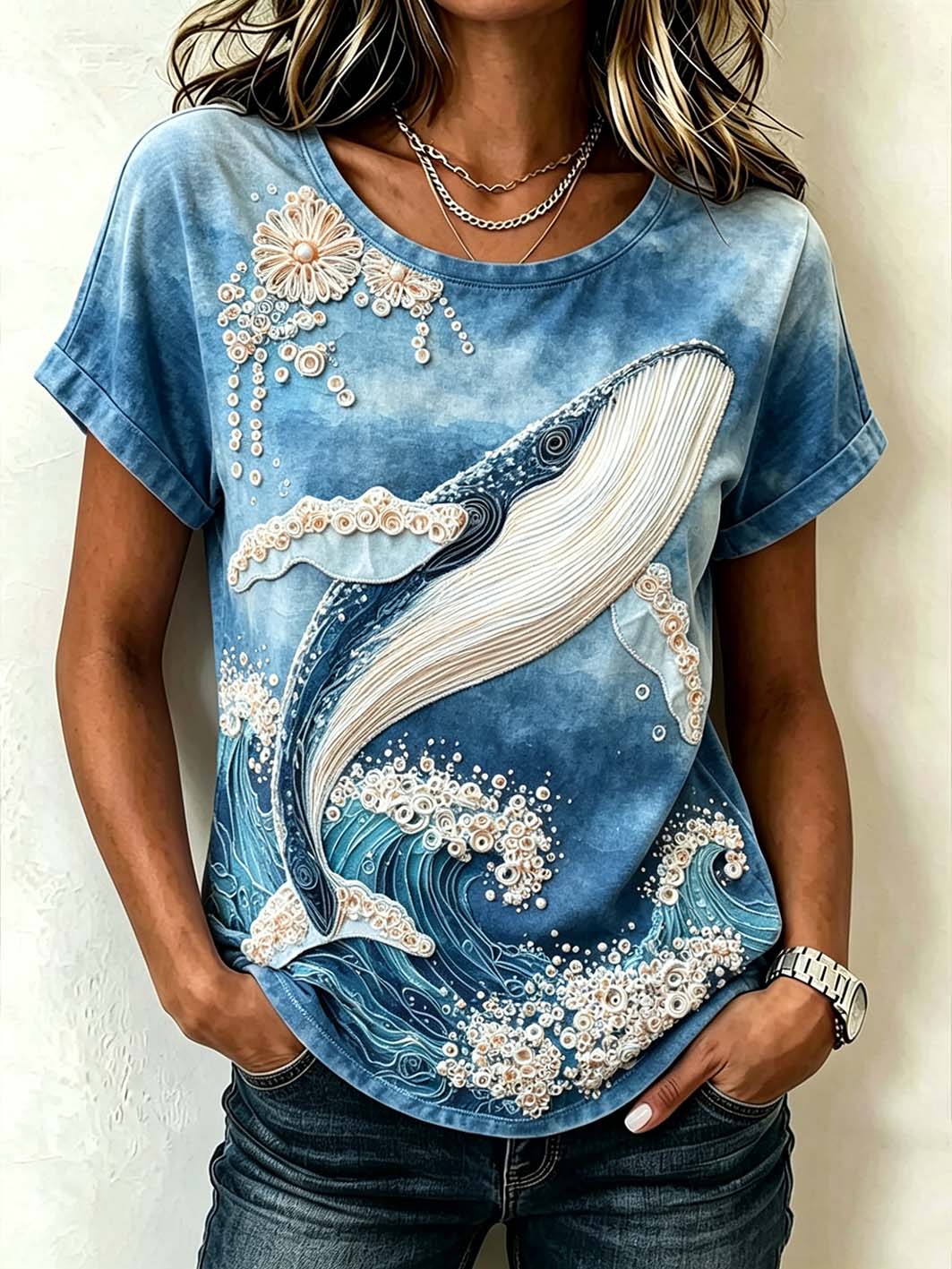 T-shirt à manches courtes imprimé à motif de fleurs animales et végétales pour femmes