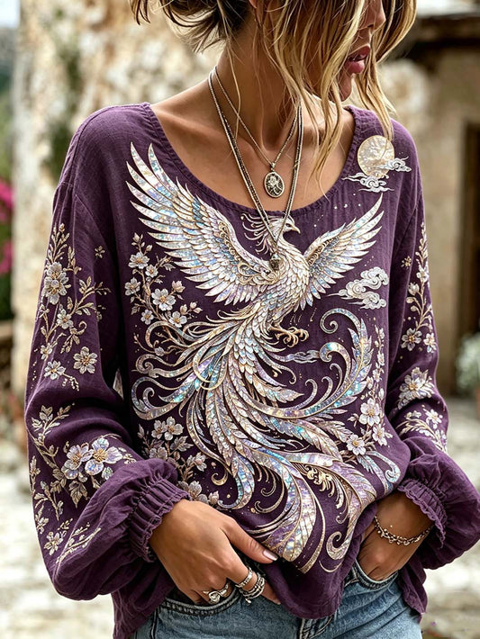 Chemise en lin imprimée à motif de fleurs animales et végétales pour femmes