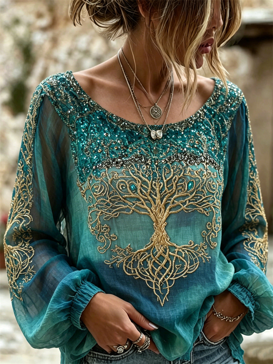Chemise Femme Vintage Mystique Viking Arbre de Vie Glitter Imprimé Coton-Lin