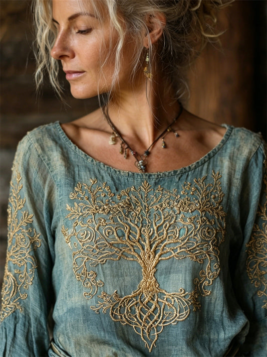 Chemise Femme Vintage Viking Arbre de Vie Teinte Coton Lin