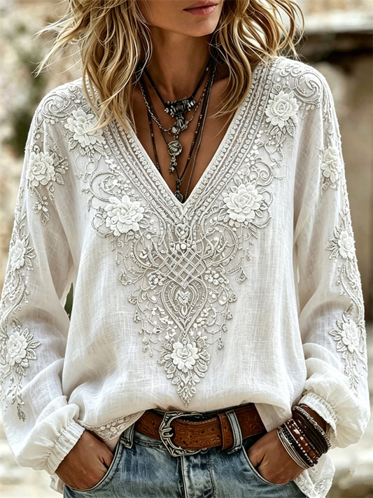 Chemise Femme Élégante Fleurs Viking Celtic Knot Print Coton-Lin