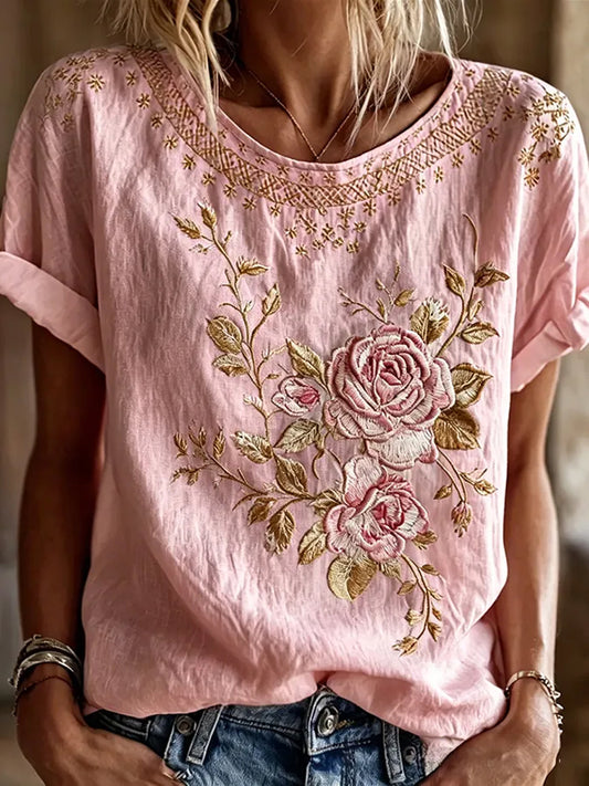T-shirt décontracté imprimé fleurs roses cancer du sein pour femmes