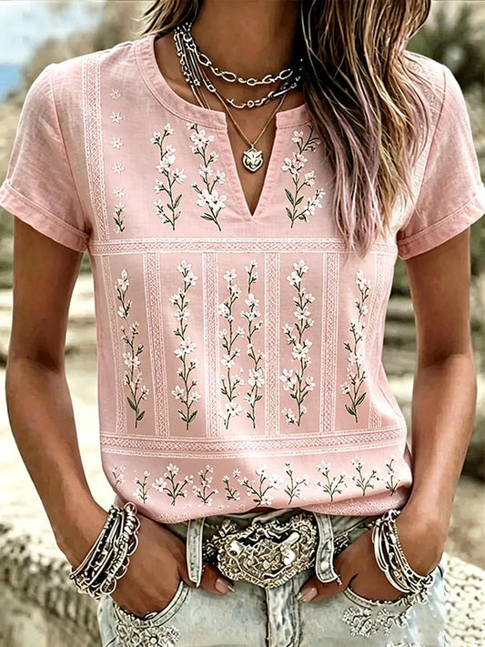 T-shirt décontracté à col en V pour femmes, imprimé de fleurs roses, contre le cancer du sein