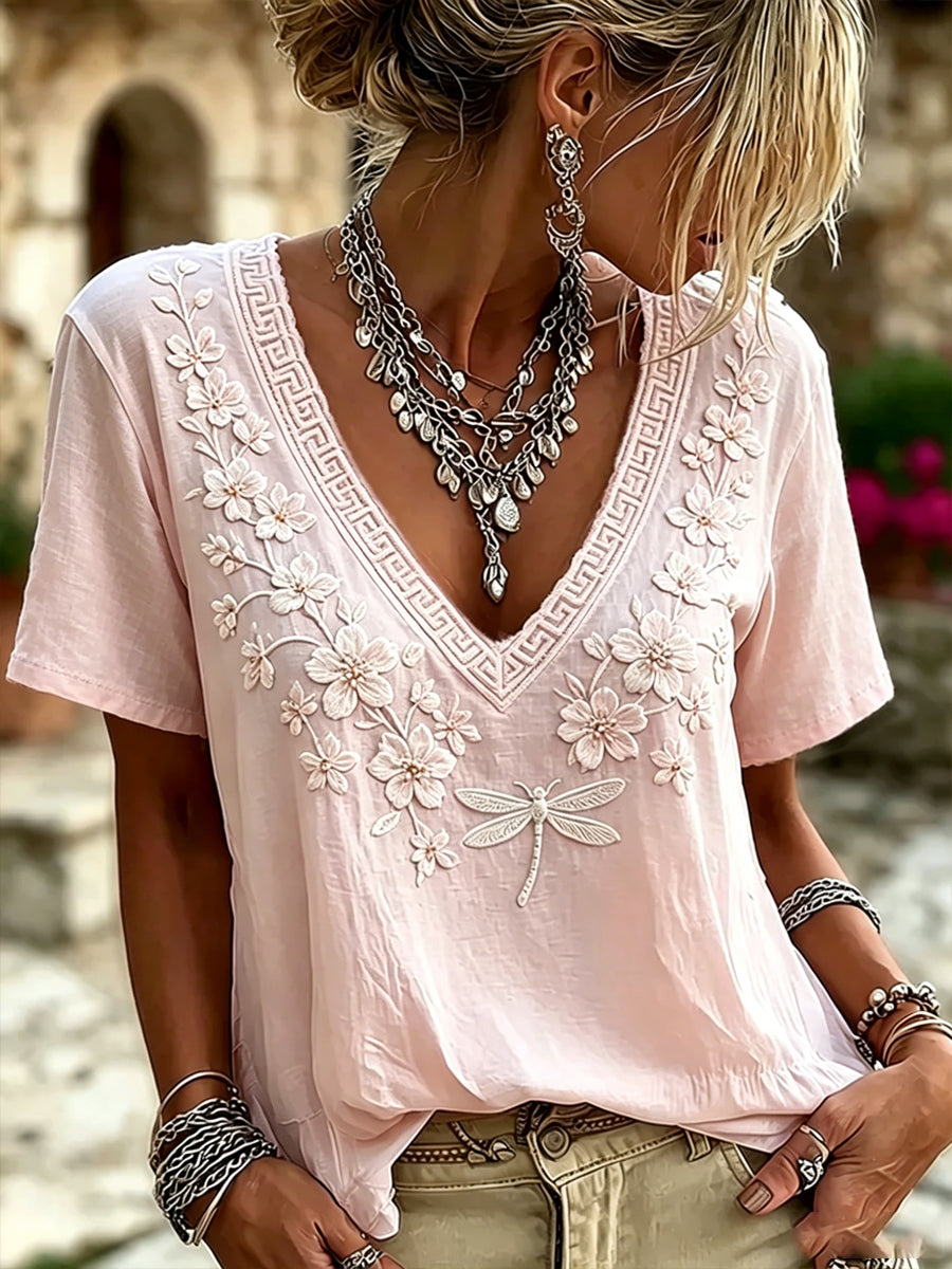 Femmes du cancer du sein fleurs roses Imprimer V-Neck Casual T-shirt