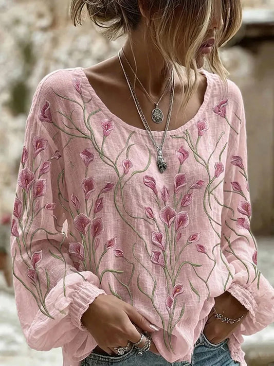 Chemise Femme Coton-Lin Imprimé Fleurs Rose Cancer Du Sein