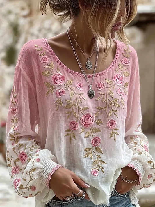 Chemise en coton-lin à imprimé fleurs roses pour le cancer du sein chez la femme