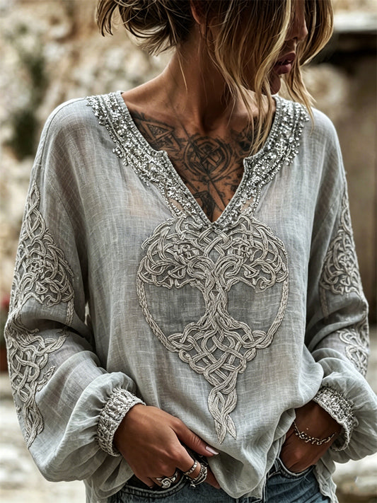 Chemise Femme Viking Tree of Life Celtic Knot Art Print Coton-Lin