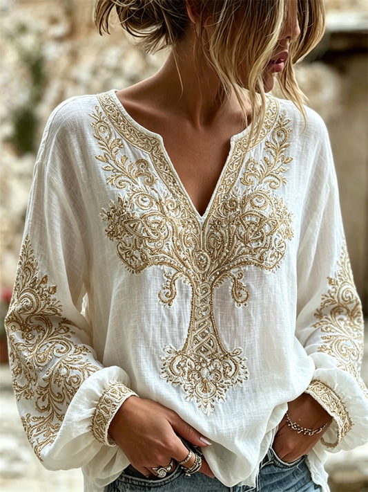 Chemise femme chic en coton et lin à imprimé noeud celtique arbre de vie doré