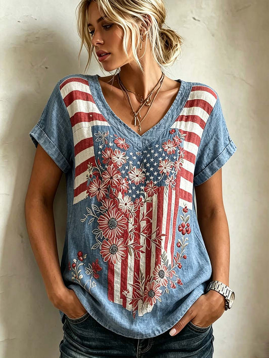T-shirt à manches courtes en lin imprimé rétro avec éléments de drapeau américain pour femmes