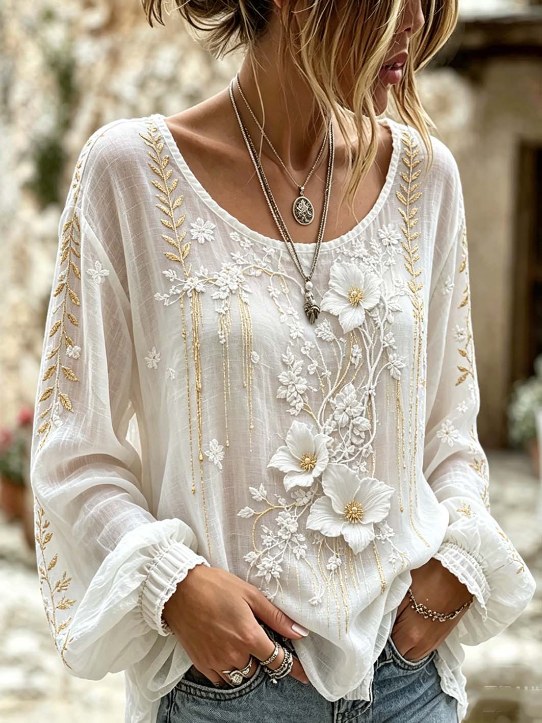 Chemise décontractée en coton et lin imprimée à motif de broderie de plantes et de fleurs pour femmes