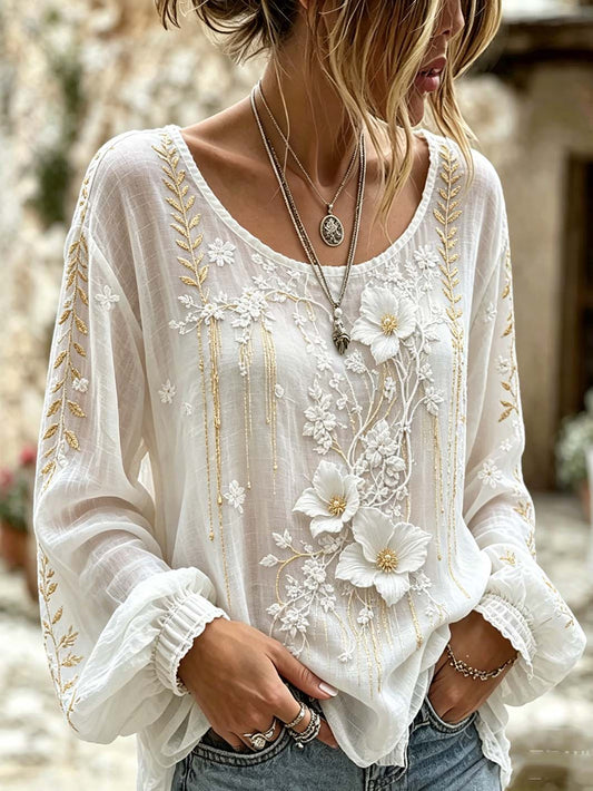 Chemise décontractée en coton et lin imprimée à motif de broderie de plantes et de fleurs pour femmes