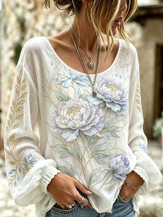 Chemise décontractée en coton et lin, ornée d’un motif brodé de plantes et de fleurs pour femme