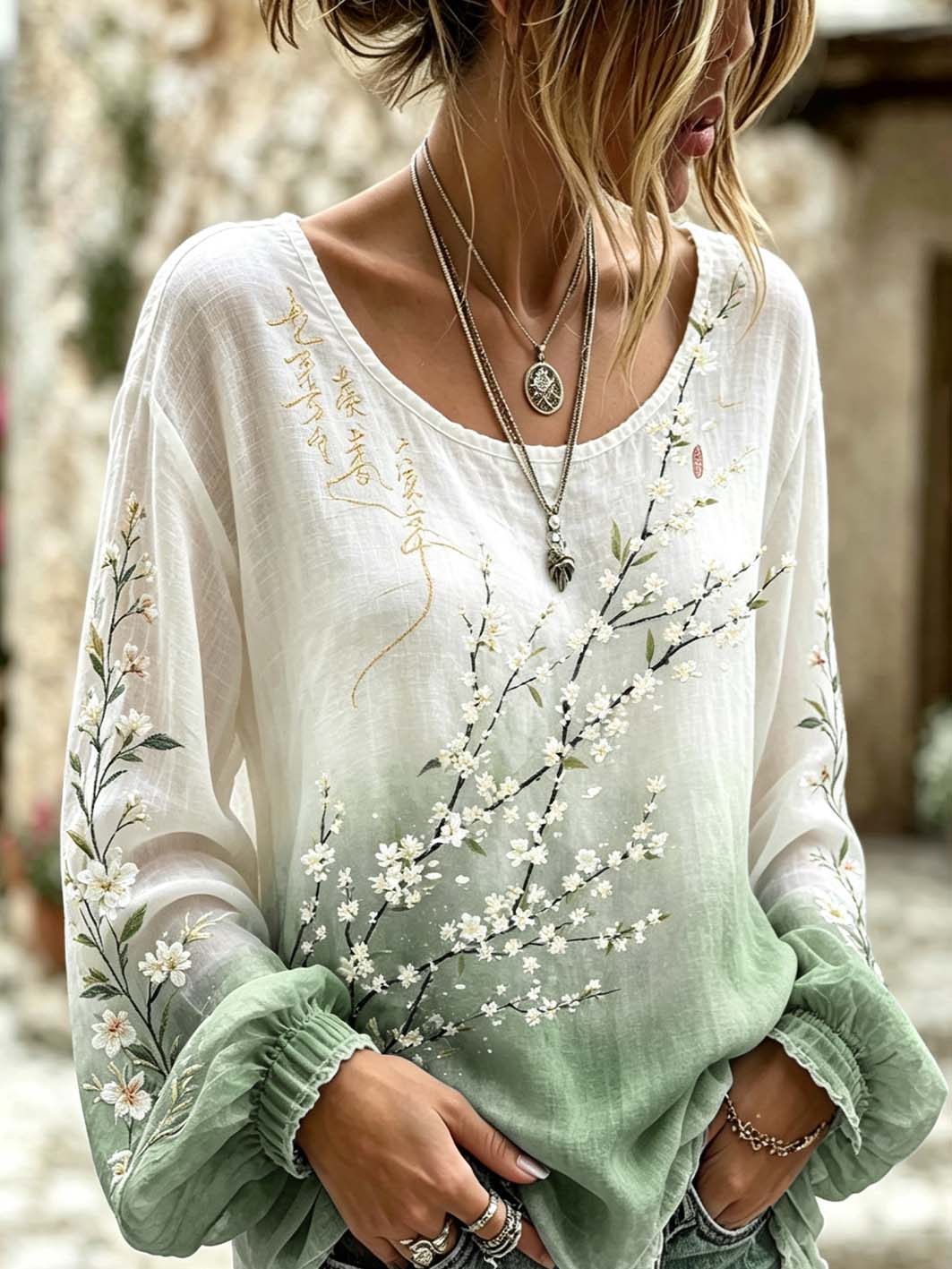 Chemise décontractée en coton et lin, ornée d’un motif brodé de plantes et de fleurs pour femme