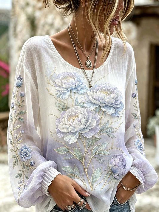 Chemise décontractée en coton et lin, ornée d’un motif brodé de plantes et de fleurs pour femme