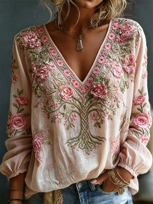 Boho rose Floral celtique arbre de vie Art Print coton-lin chemise des femmes