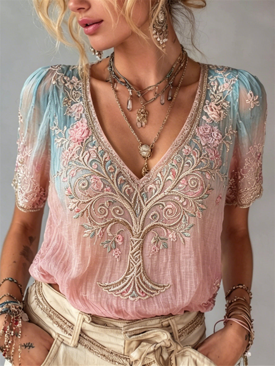 T-shirt à manches courtes femme Vintage Tree of Life rose imprimé floral en lin dégradé
