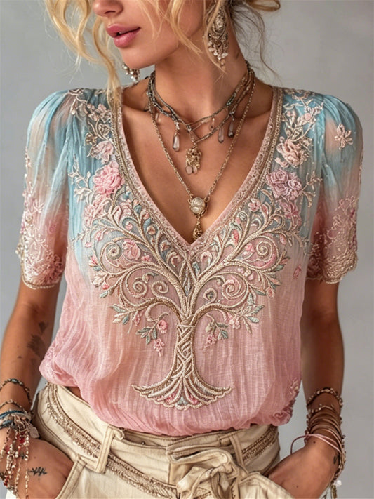 T-shirt à manches courtes femme Vintage Tree of Life rose imprimé floral en lin dégradé