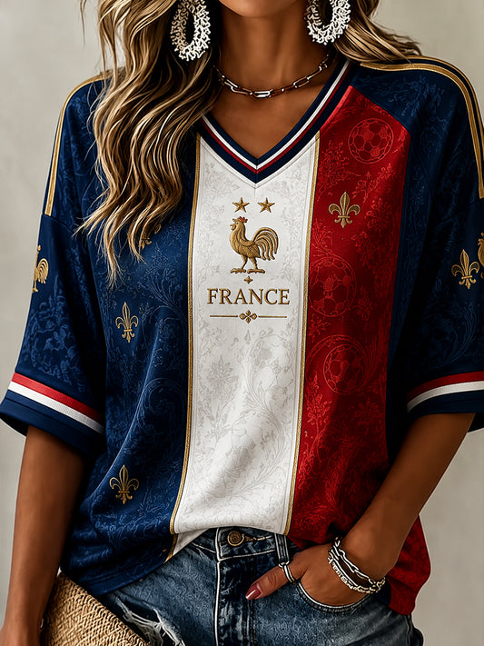 Chemise en lin à col V pour femme, motif France Football