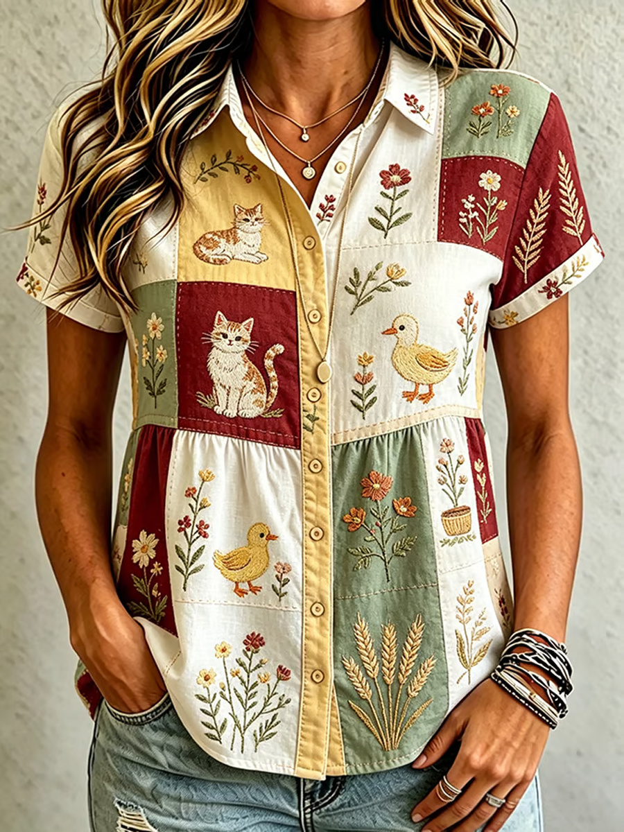 Chemise Femme Mignon Chat Imprimé Coton-Lin