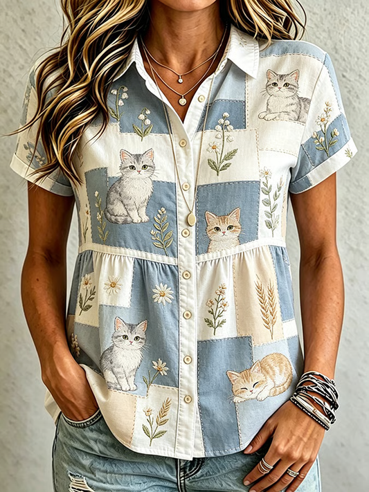 Chemise femme en coton-lin à imprimé chat mignon