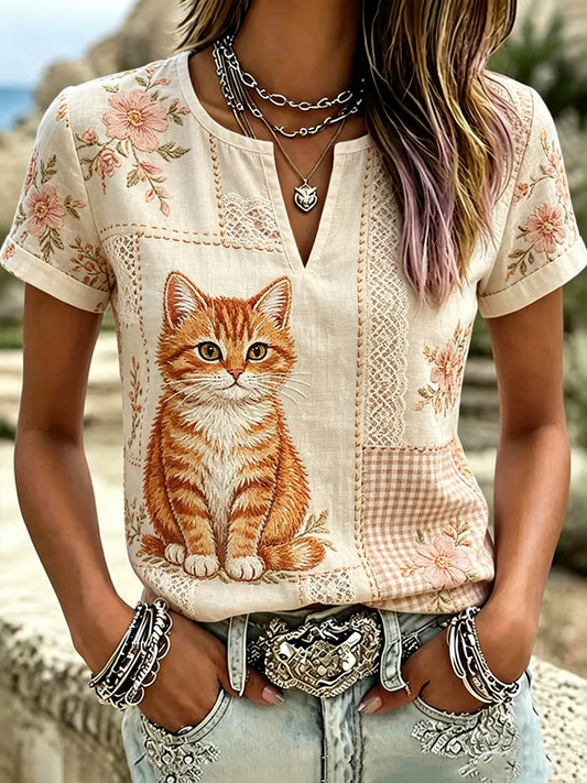 Chemise femme en coton-lin à imprimé chat mignon