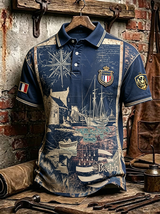 Polo décontracté pour homme, bleu vintage, imprimé breton français