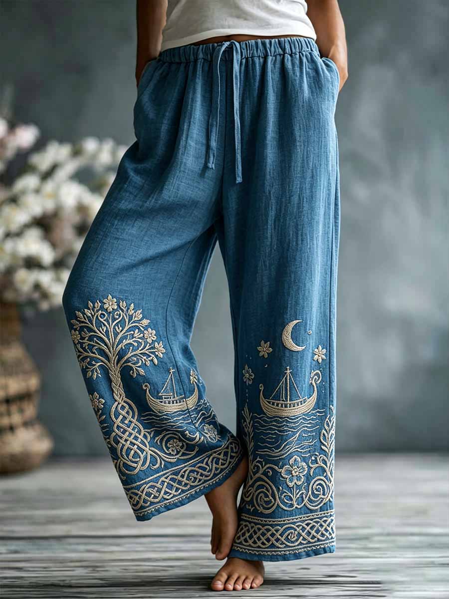 Pantalon décontracté à jambe large imprimé Viking romantique Tree of Life pour femme
