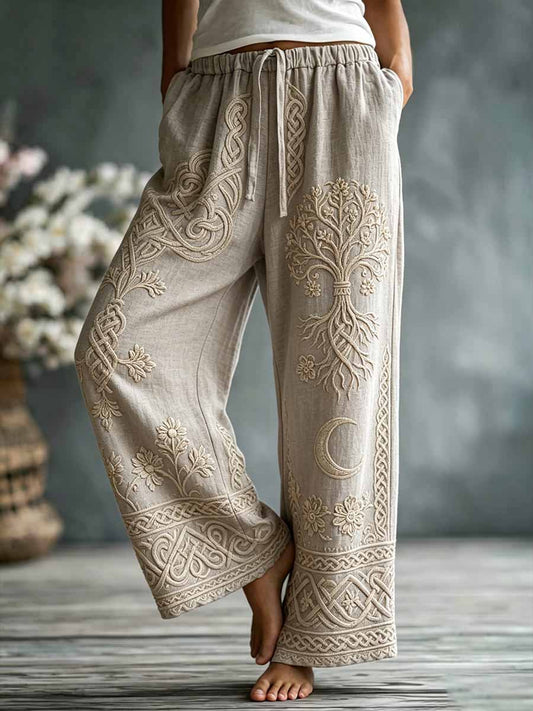Pantalon décontracté à jambes larges pour femme, imprimé romantique viking représentant l’arbre de vie