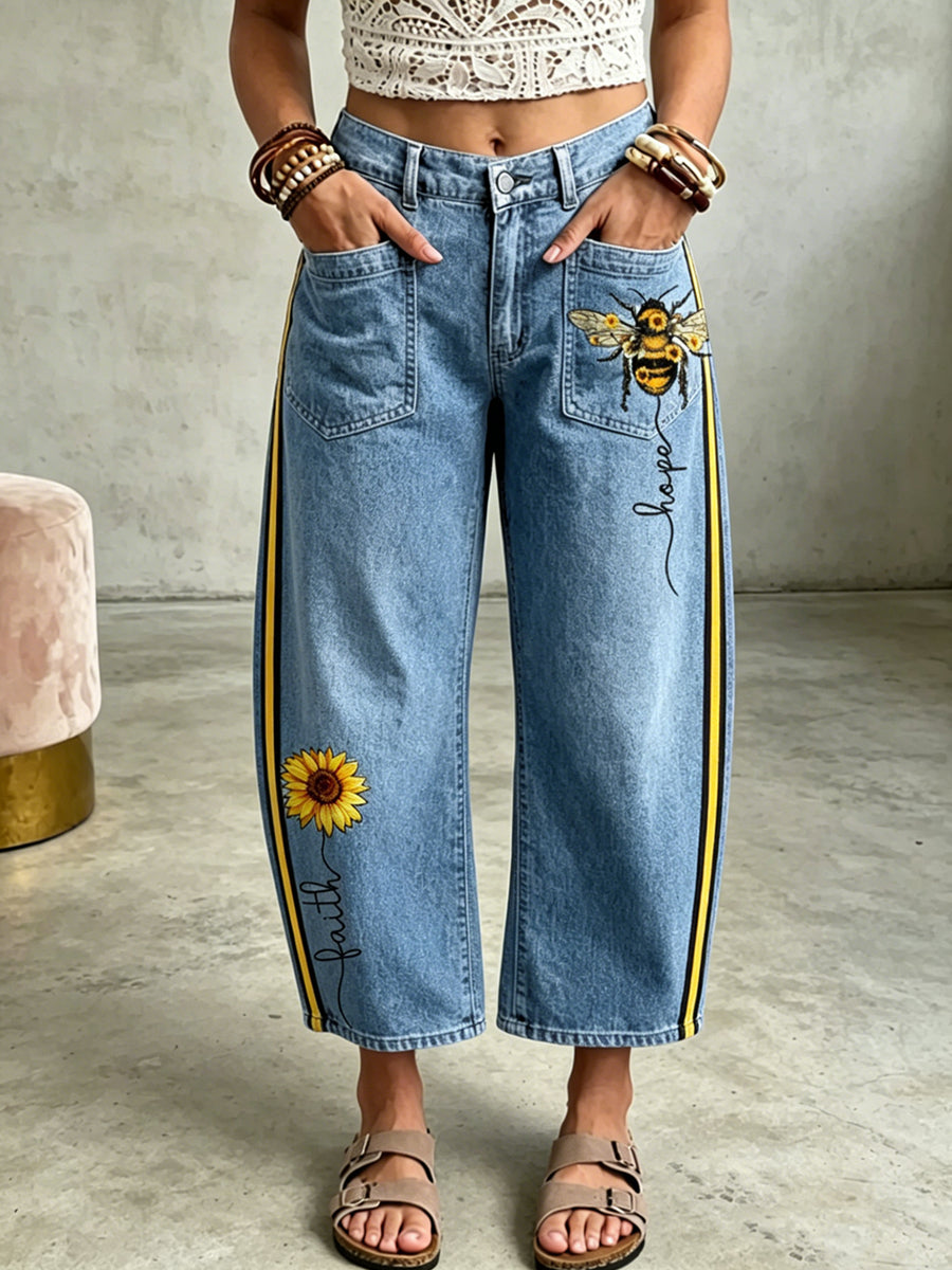 Pantalon à poches avec impression artistique de femmes et d’abeilles