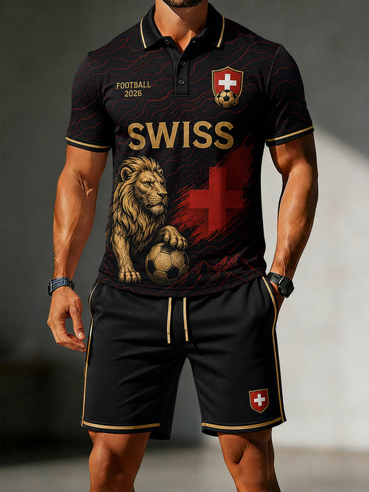 Ensemble Polo à Manches Courtes à Imprimé Lion de Football pour Homme