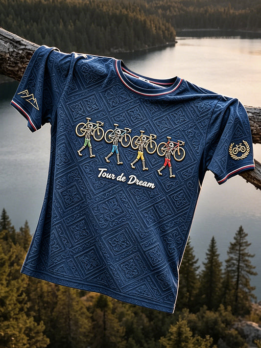 T-shirt décontracté pour homme, style rétro bleu marine, motif 3D tête de mort et patchwork, inspiration cycliste