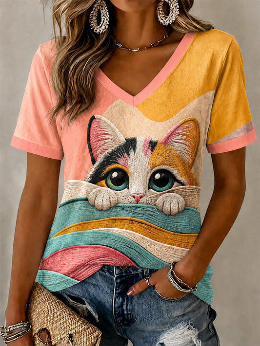 T-shirt décontracté à col en V et imprimé félin pour femme