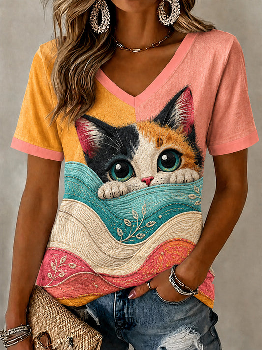 T-shirt décontracté à col en V et imprimé félin pour femme